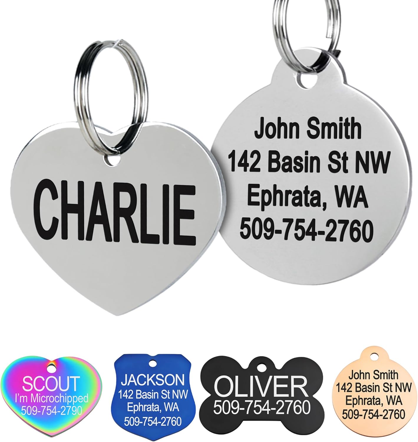 GoTags Stainless Steel Pet ID Tags, Personalized Dog Tags and Cat Tags, up to 8 Lines of Custom Text, Engraved on Both Sides, in Bone, Round, Heart, Bowtie and More (Heart, Small (Pack of 1))