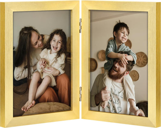 decorUhome Double 5x7 Picture Frame Vertical, Engineered Wood Bifold Photo Frame with Plexiglass for Tabletop Display, 5x7, Gold