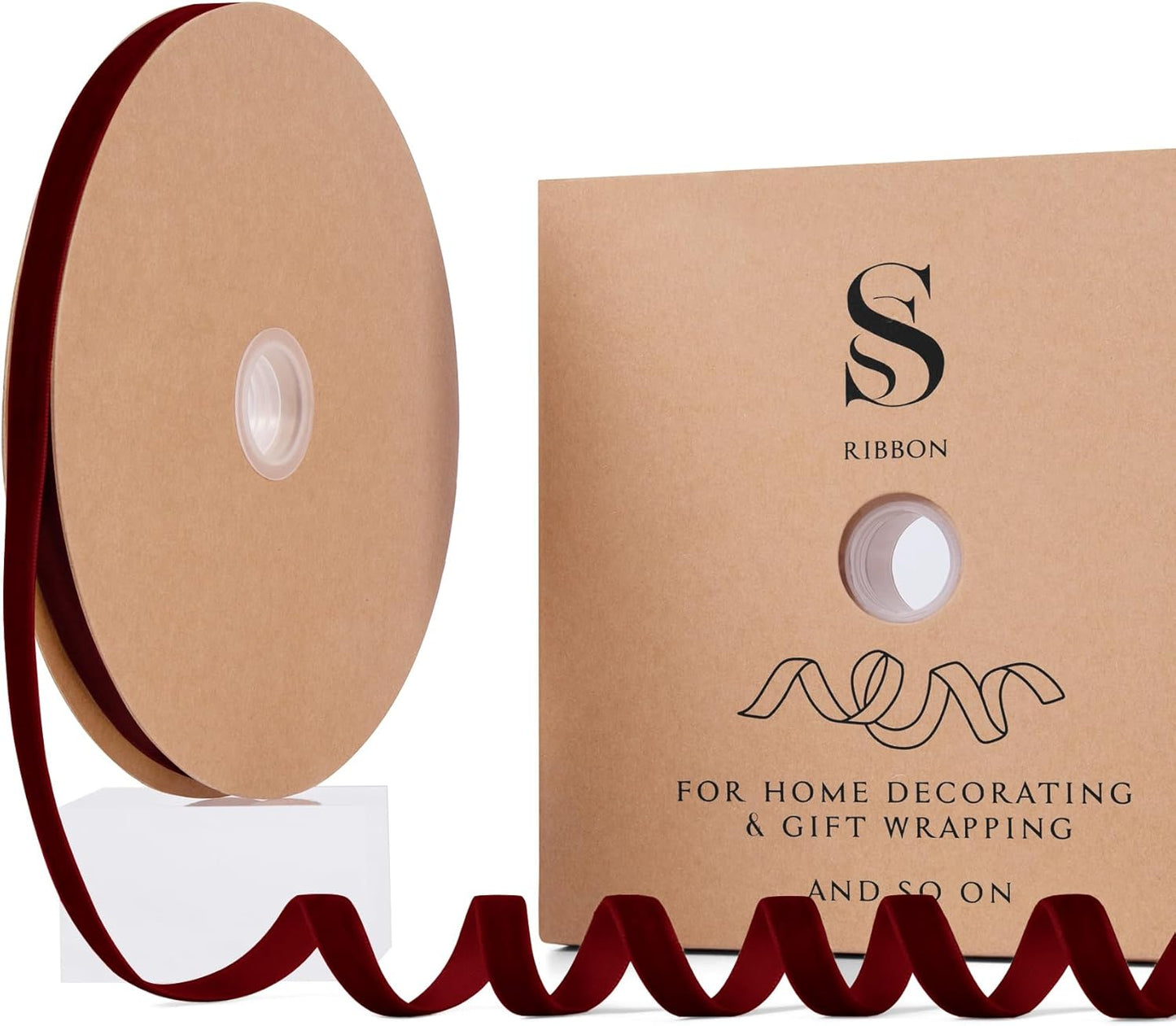 Burgundy Christmas Velvet Ribbon for Tree, Gift Wrapping, Flower Bouquet, Wreath Decorations, Bow Making 3/8'', 25 Yards