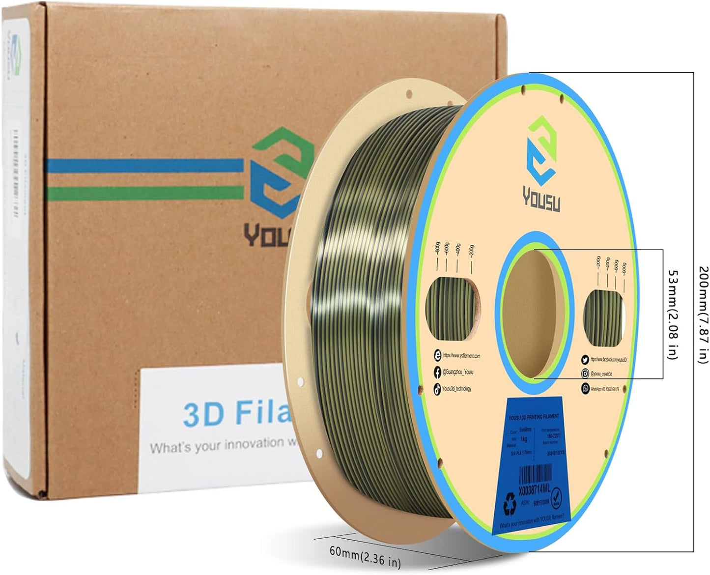 YOUSU Silk Dual Color PLA Filament, Coextrusion Filament, Multicolor 3D Printer Filament 1kg, Dichromatic Filament 1.75mm (± 0.03 mm) Compatible with Most of 3D Printer, Silk Silver Bronze