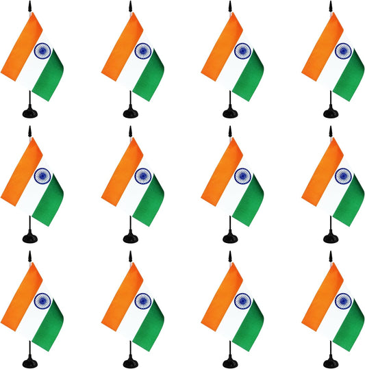 India Desk Flag, 12 Pack Indian Table Office Flag with Black Solid Pole and Stand Base, International Country Flag, Festival Celebration, Classroom Meeting Desktop Decor (India)