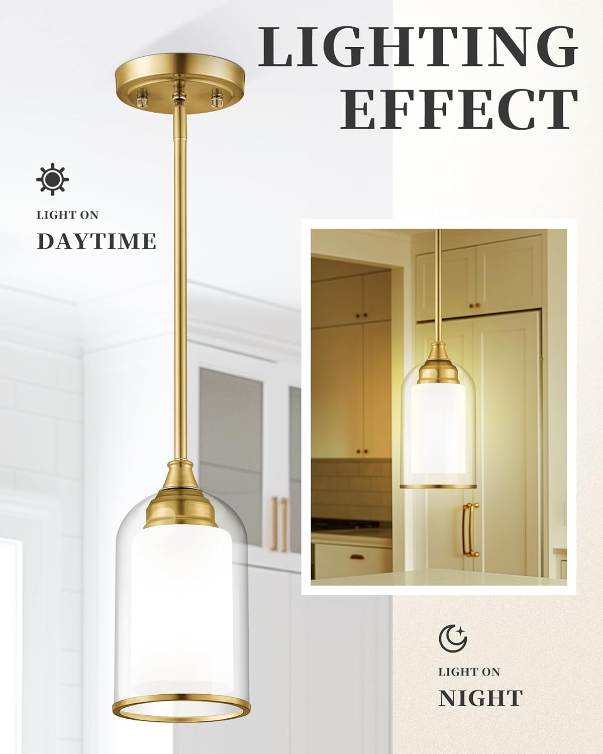 LIROUVET 2 Pack Pendant Lights, Vintage Dual Glass Hanging Lamp, Brushed Gold Pendant Lights Kitchen Island with Clear and Milk Glass, Pendant Lighting for Dining Room PL02BR-2PK