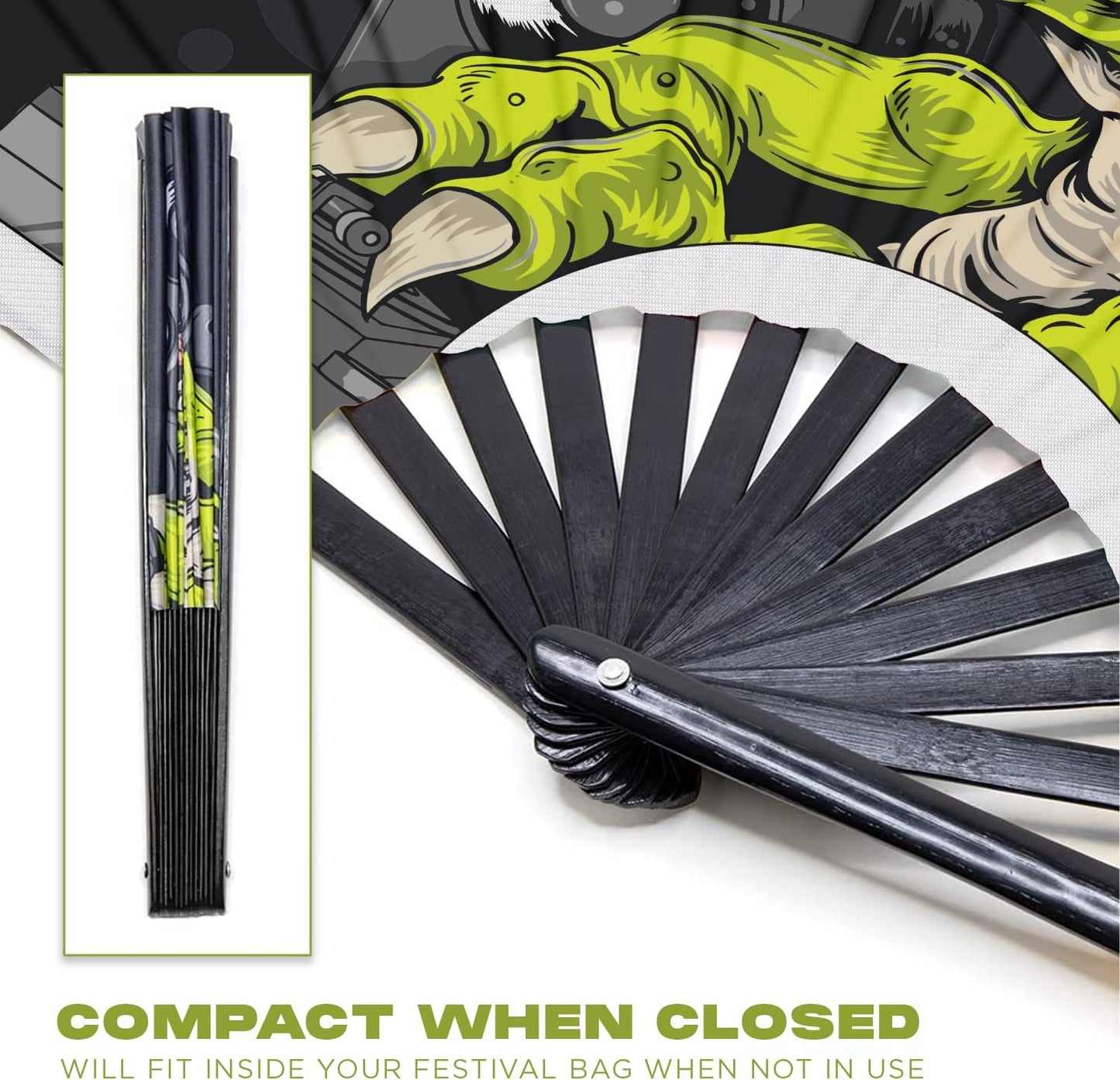 GloFX Folding Fan - DJ Dino - Large Rave Clack Folding Hand Fan for Men/Women - for EDM, Music Festival, Club, Event, Party, Dance, Performance, Decoration, Gift