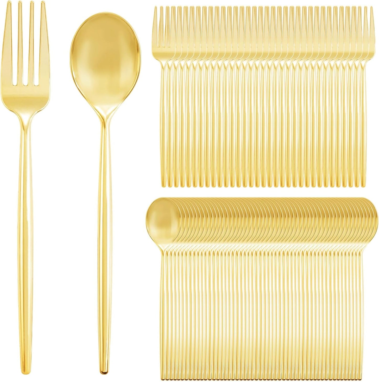SUT 200PCS Gold Plastic Forks and Spoons Heavy Duty Set, Gold Disposable Silverware, gold Cutlery, Disposable Utensils, Plastic Flatware Includes 100 Forks, 100 Spoons for Party
