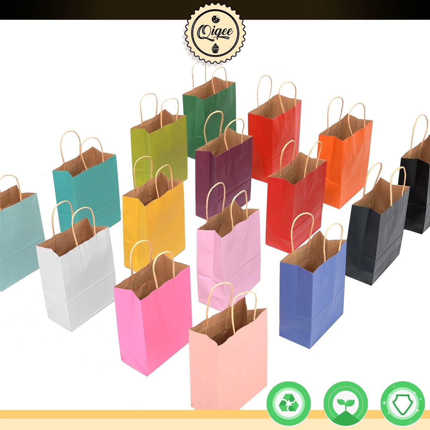 qiqee 200Pcs Paper Gift Bags with Handles - 8.3"x6"x3.15" Small Party Favor Bags Multiple Uses - 16 Solid Colors