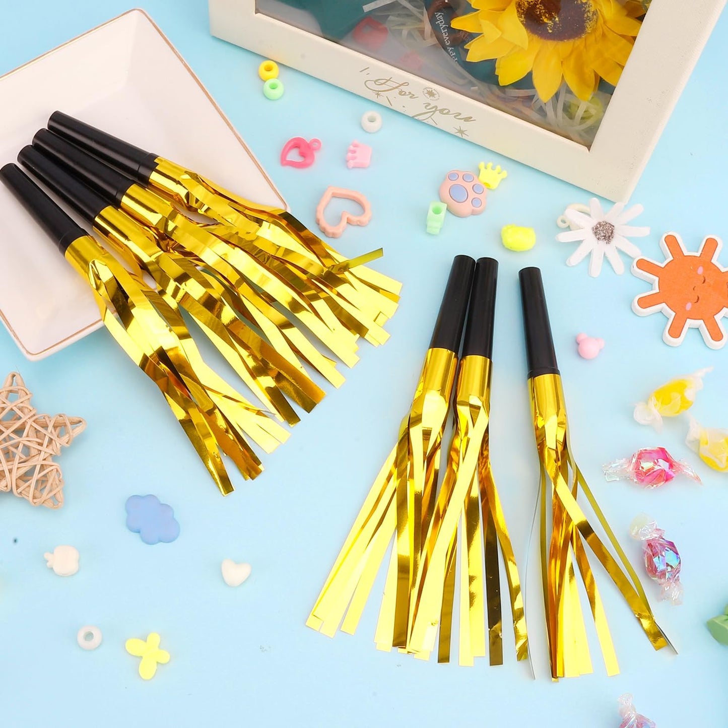 Noise Makers, 24 PCS Gold Noise Makers, Glitter Metallic Fringed Party Blowers Noisemakers Horns for Adults for Birthday Sporting Events Christmas 2025 New Year Eve Party Favor Supplies Decorations