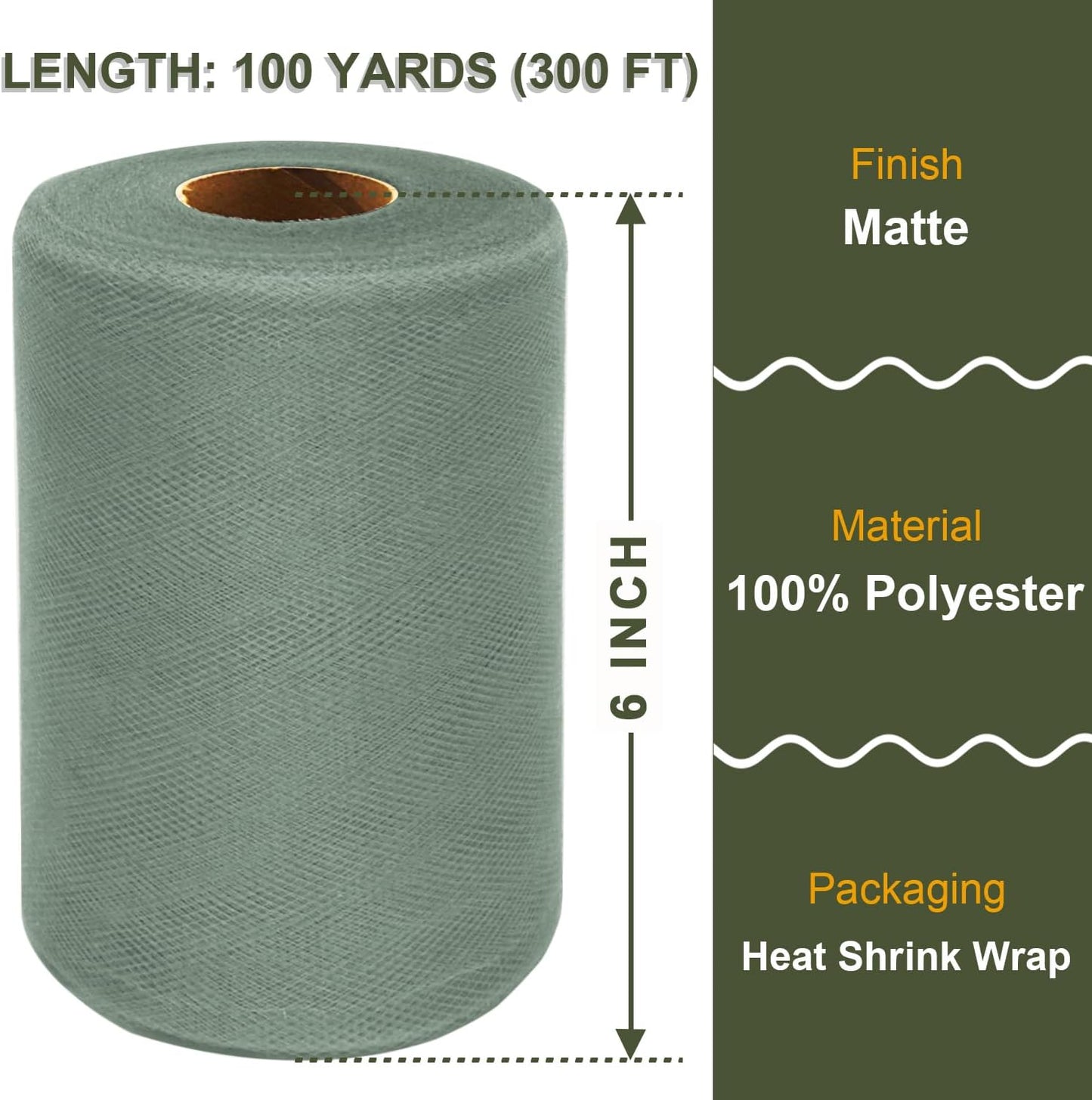 Sage Green Tulle Fabric Roll 6 Inch X 300 FT (100 Yards) Matte Tulle Ribbon Netting Mesh Spool for DIY Tutu Skirt Wedding Bow Gift Wrapping Baby Shower Christmas Party Halloween Decorations