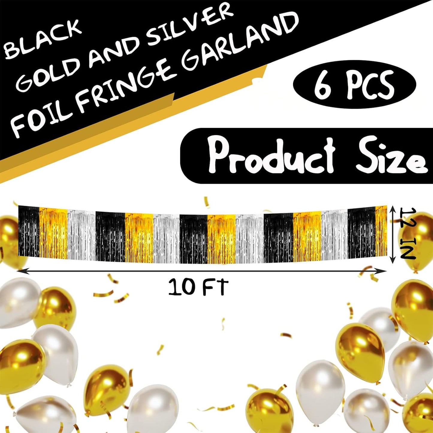6 Pack 10 Feet Black Gold Silver Foil Fringe Garland Metallic Tinsel Streamers Banner Wall Hanging Backdrop Banner for Parade Floats, Thanksgiving, Christmas, Birthday, Halloween Party Decorations