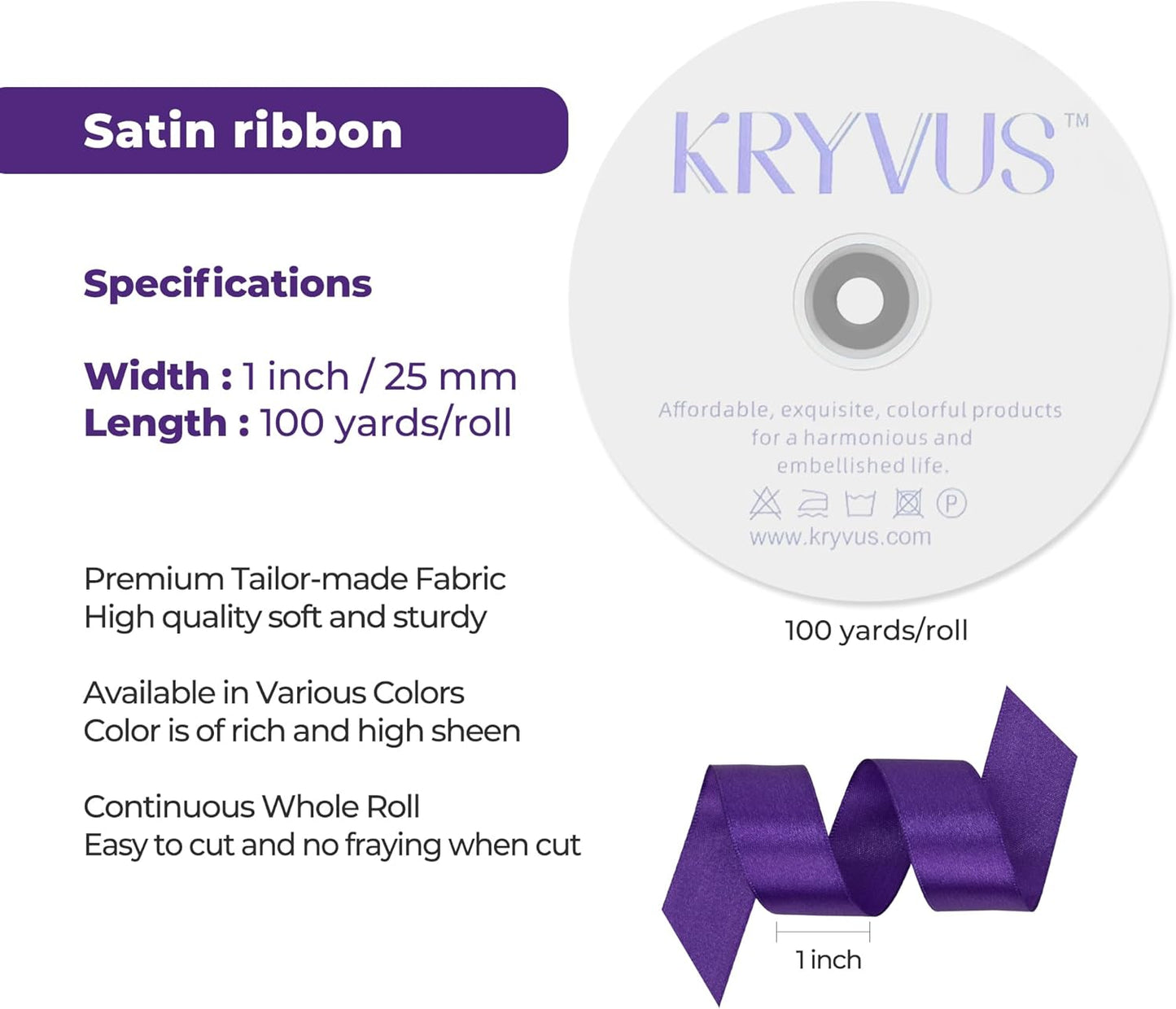 Purple Satin Ribbon 1 inch X Continuous 100 Yards, Single Face Polyester Ribbon Perfect for Gift Wrapping, Flower Bouquet, Wedding Decor, Crafts, Bow Making, Sewing and More
