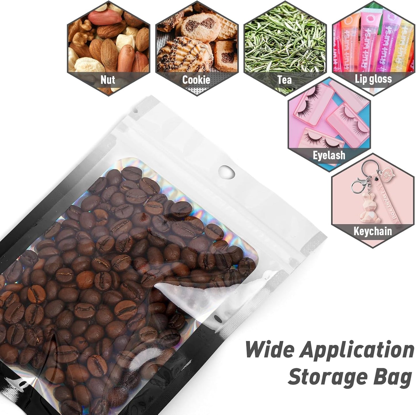 Funfery 100 Pack Gradient Holographic Bags,Resealable Bags with Zipper,Clear Window Packaging Pouchs,Foil Bag for Food Storage,Small Business,Sample Jewelry Bag(4.7×7In,White Black)