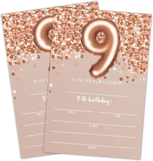 9th Birthday Invitation Cards, Rose Gold Glitter 9th Birthday Party Invites, Kids Happy Birthday Party Decorations Supplies, 20 Fill-in Cards with Envelopes for Boys or Girls Party Celebration - C01