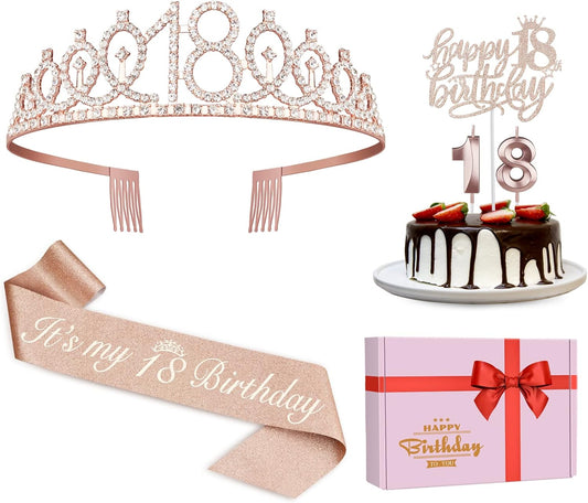 18th Birthday Decorations for Girls, Including Sash, Crown/Tiara, Candles, Cake Topper, 18th Birthday Gifts for Girls, Rose Gold Party Decor Supplies
