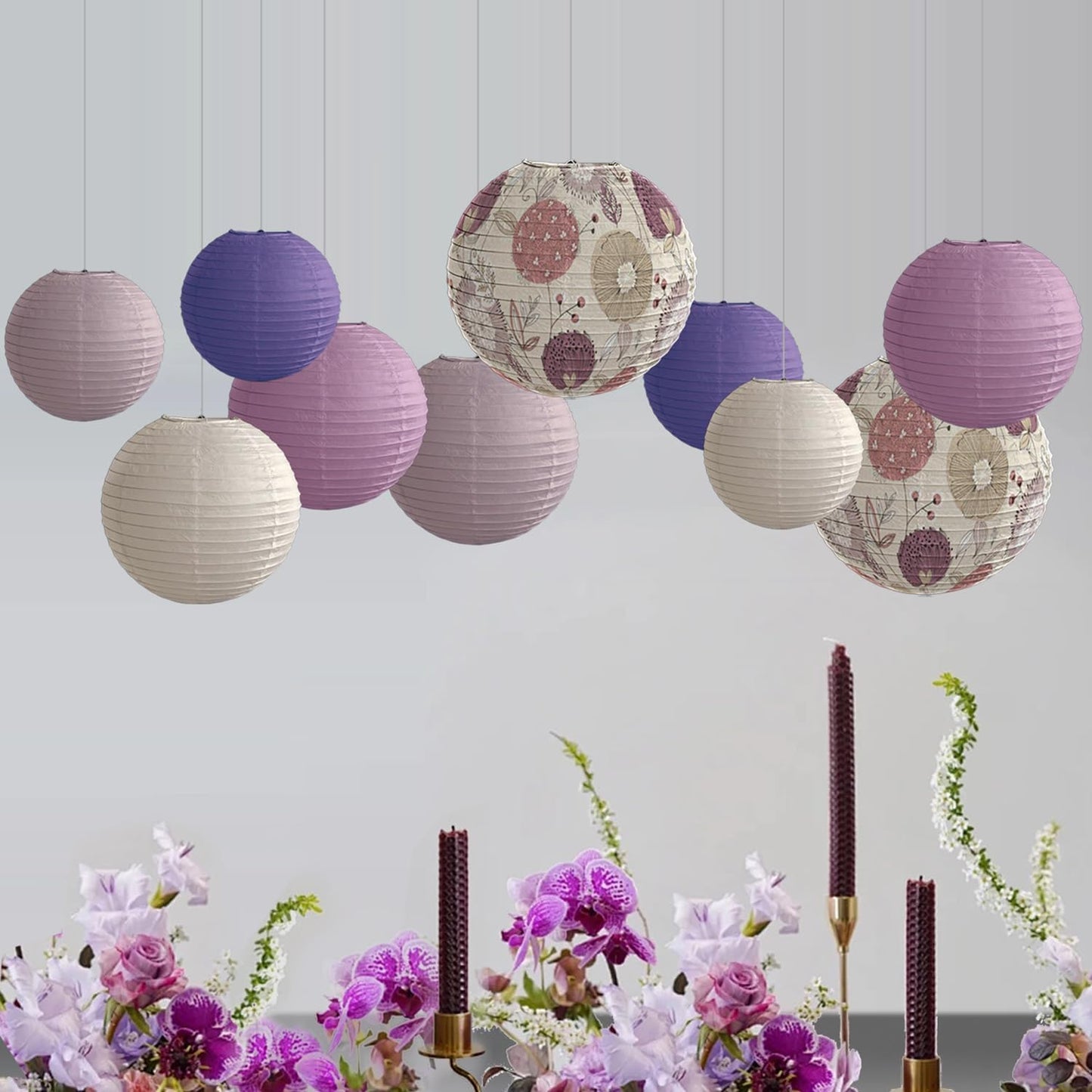 Paper Lanterns Party Decorations Size of 12’10’8inch Floral Pattern Purple Pink Japanese Chinese Lantern Hanging Paper Lantern Bohemian Style Baby Shower Birthday Decorations