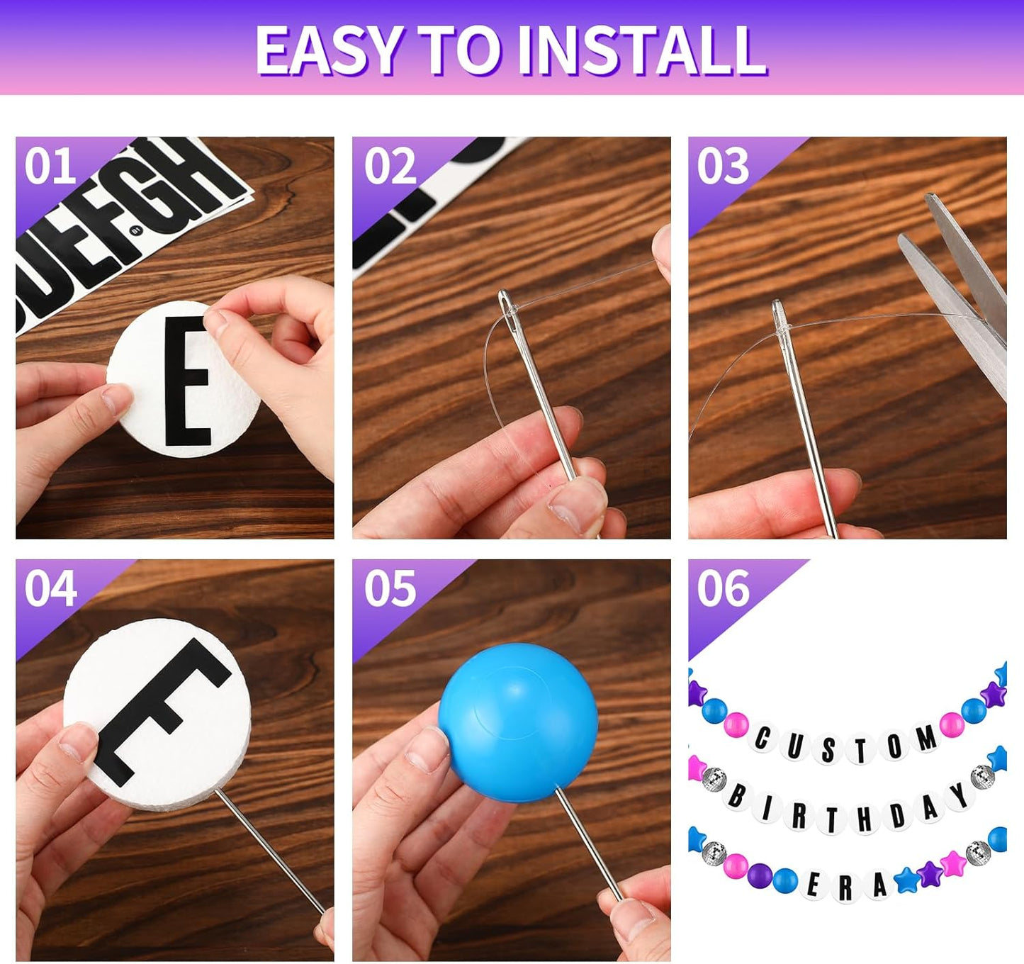 Giant Friendship Bracelet Garland Kit, DIY Birthday Banner with Letters Ball Jumbo Customizable Friendship Bracelet Decor for Halloween Christmas Wedding Party(Blue, Pink, Purple)