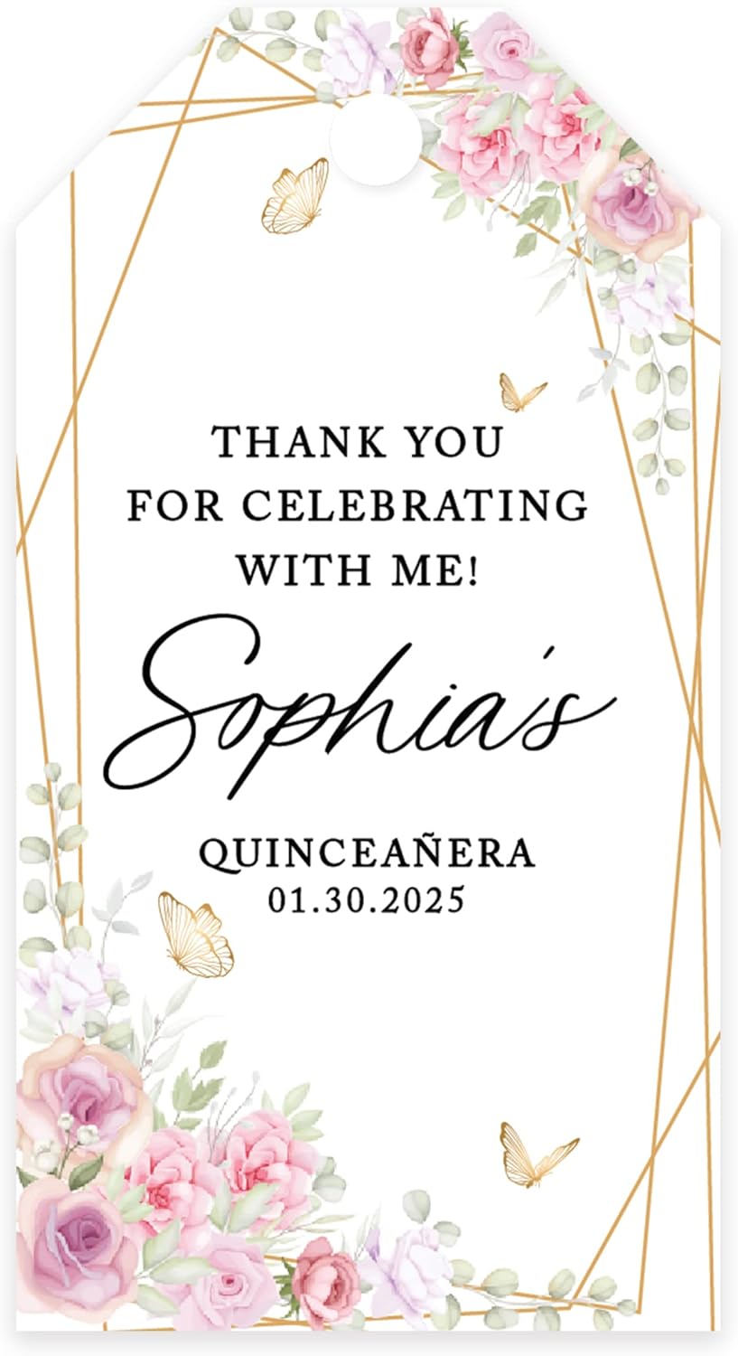 Andaz Press 40-Pack Personalized Quinceañera Favor Tags with String, Butterflies & Florals Custom Classic Thank You Gift Tags for Mis Quince Años XV 15th Birthday Favor Gifts, Decorations