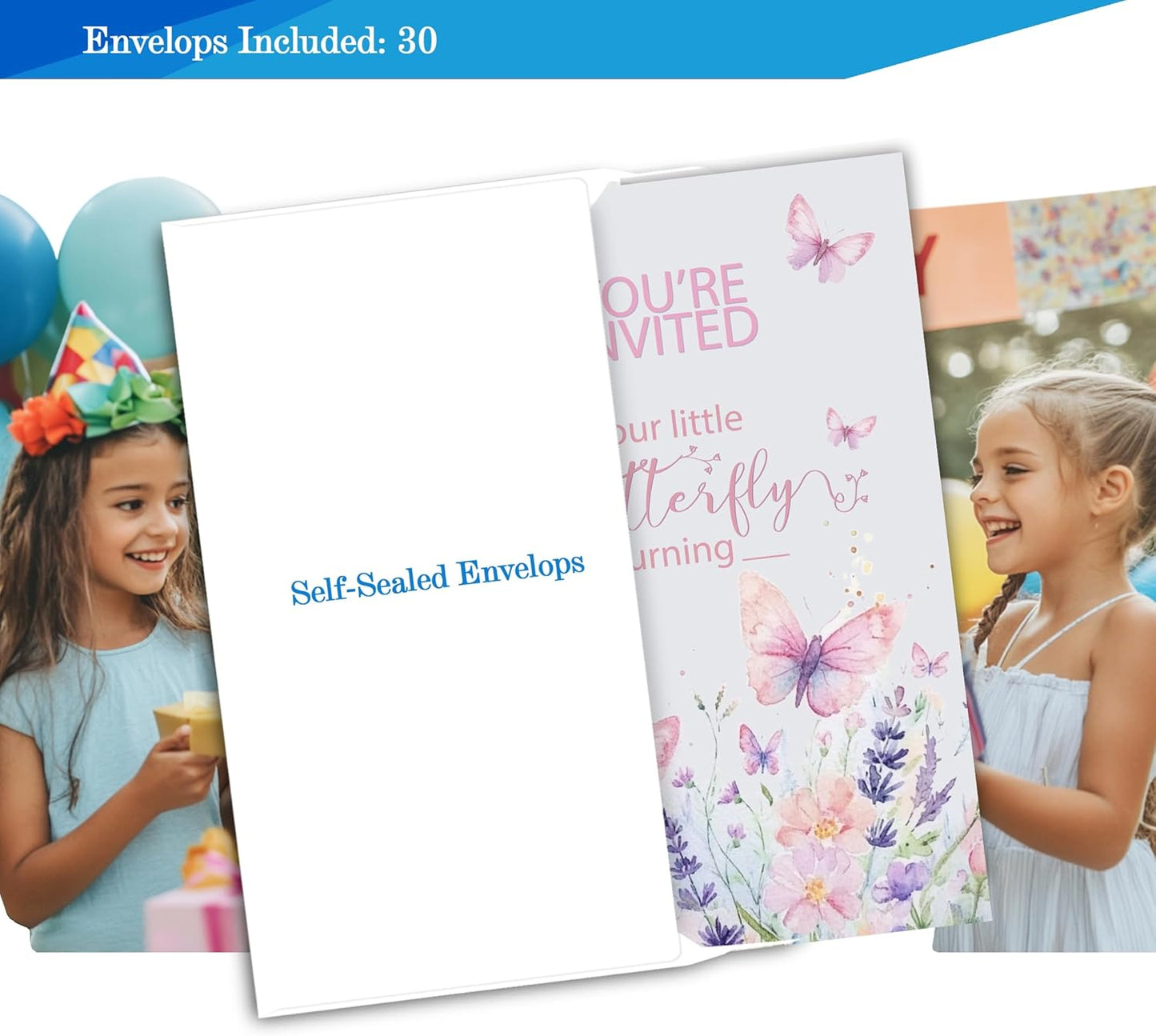 Butterfly First Birthday Invitations for Girls, 1st Floral One Little Butterfly Birthday Party Invitaions for Butterfly Party Invites, 4x6 Inches, 30 Sets with Envelopes