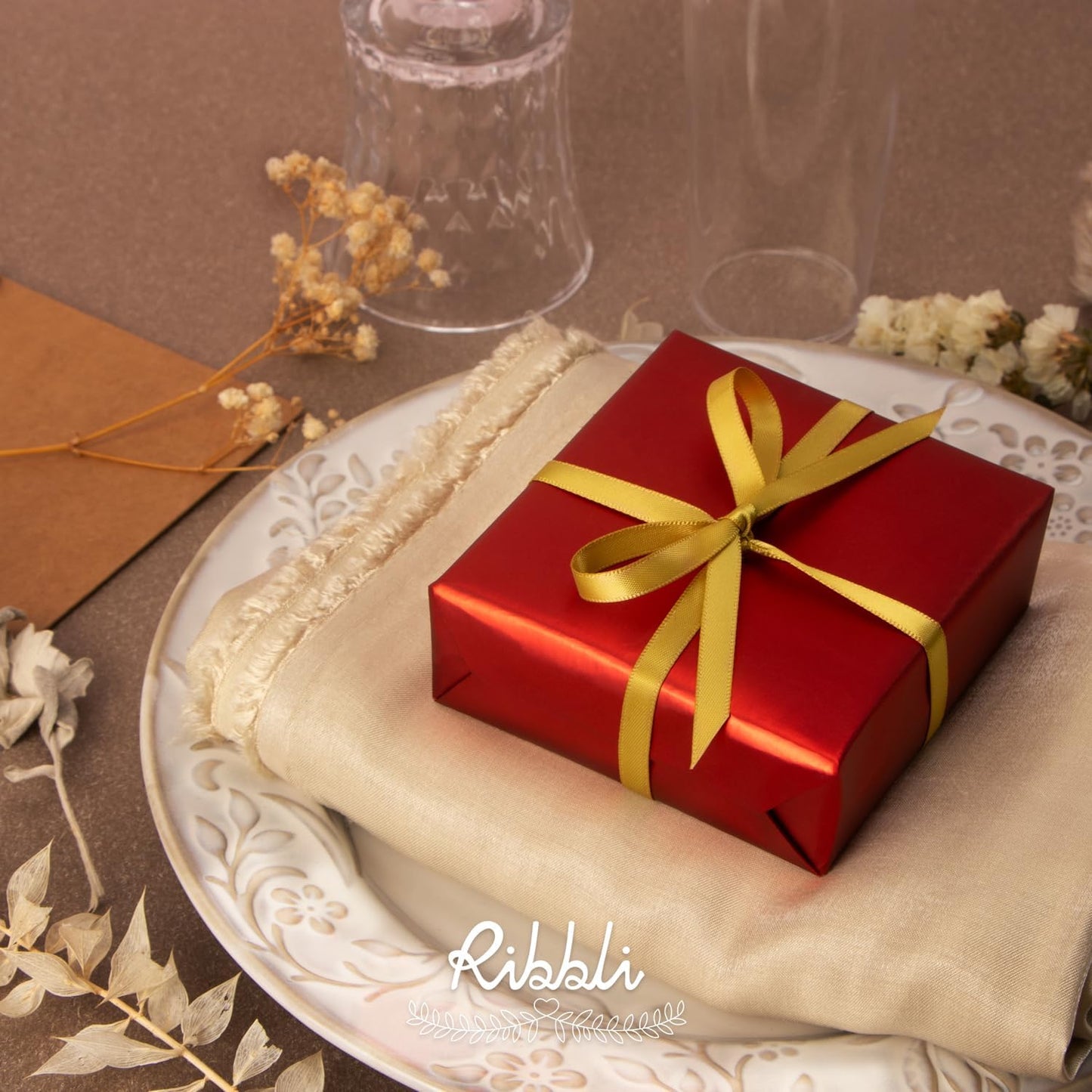 Ribbli Gold Satin Ribbon Double Faced Satin 1/4 Inch x Continuous 100 Yards-Gold Ribbon for Gift Wrapping Crafts Wedding Decoration Bows Bouquet Floral Arrangement