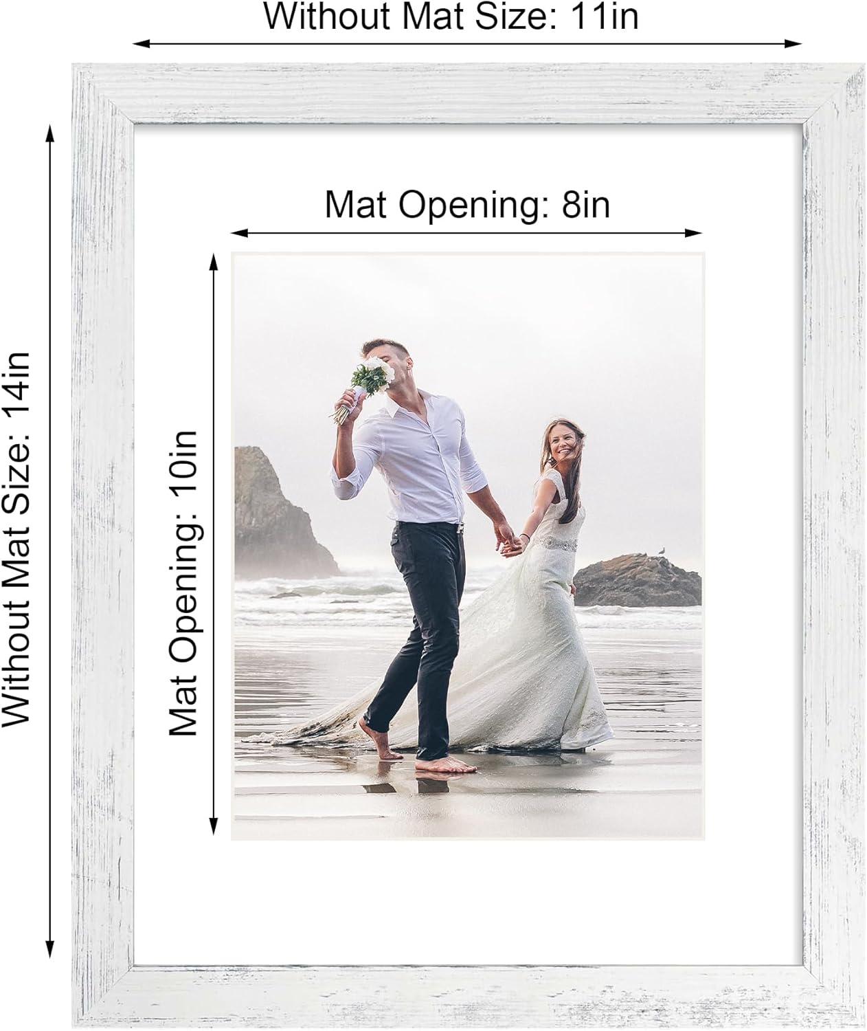 11x14 Picture Frame Set of 4 with Tempered Glass, Distressed White Frame Display 8x10 Picture with Mat or 11 x 14 Without Mat, Wood Rustic Photo Frames for Horizontal or Vertical Wall Mounting