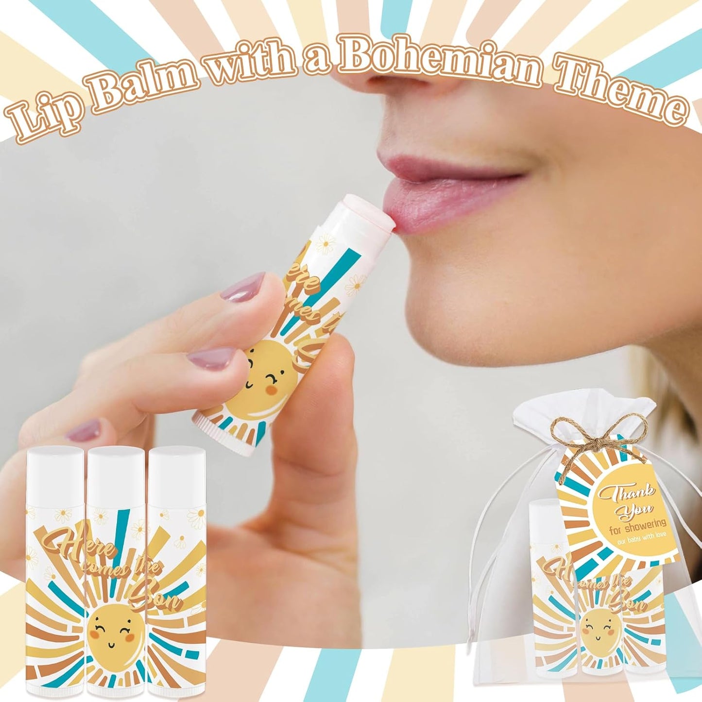 50 PCS Here Comes The Sun Baby Shower Lip Balms Bulk Gift for Guests,Thank You Gifts Sun Birthday Supplies Stuffers,Favors Boys Girls Games Neutral Gender Reveal Thanksgiving Party Favors (Sun)