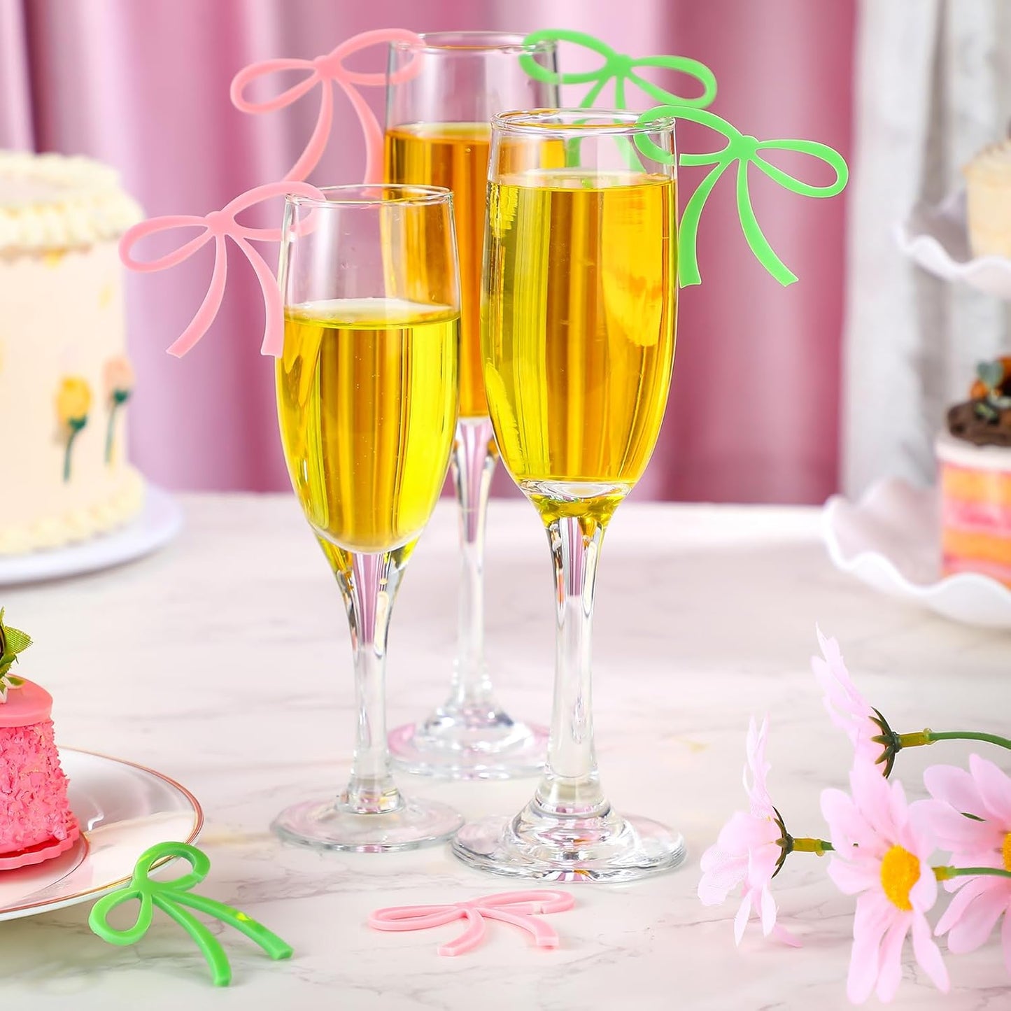 50 Pcs Bows Drink Tags Coquette Bow Wine Glass Charms Acrylic Bowknot Drink Tag for Bachelorette Birthday Wedding Coquette Tasting Party Decor Accessory(Green, Pink)