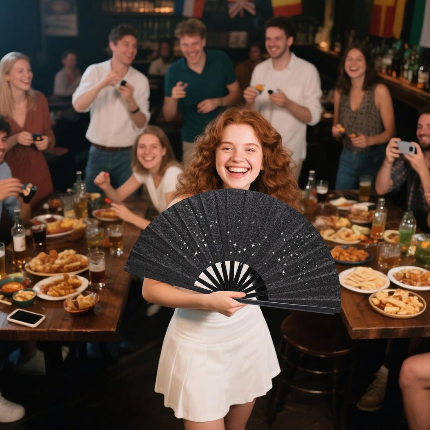 Glitter bling Large Folding Fan-Hand Fan Rave Clack Popping Fan for Line Dancing Clacking Fans for Boots On The Ground Dance, Party for EDM, Music Festival, Hot Flashes, Party, Decoration(1pcs black)