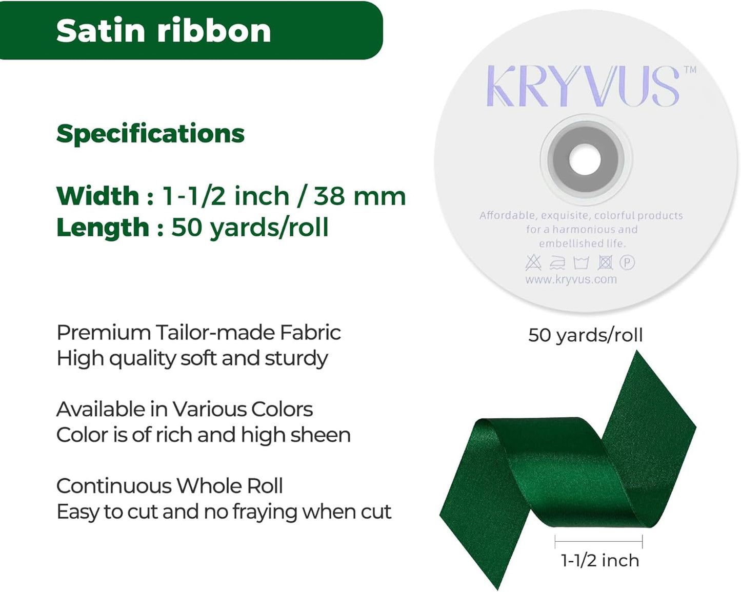 Green Satin Ribbon 1-1/2 inch X Continuous 50 Yards, Single Face Polyester Ribbon Perfect for Gift Wrapping, Flower Bouquet, Wedding Decor, Crafts, Bow Making, Sewing and More