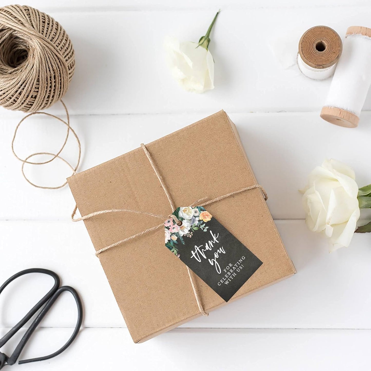 Andaz Press 100-Pack Thank You for Celebrating with Us Favor Tags Chalkboard Florals Cardstock Gift Tags with Bakers Twine for Wedding Baby Shower Bridal Shower Birthday Party Favors 2 x 3.75-Inches