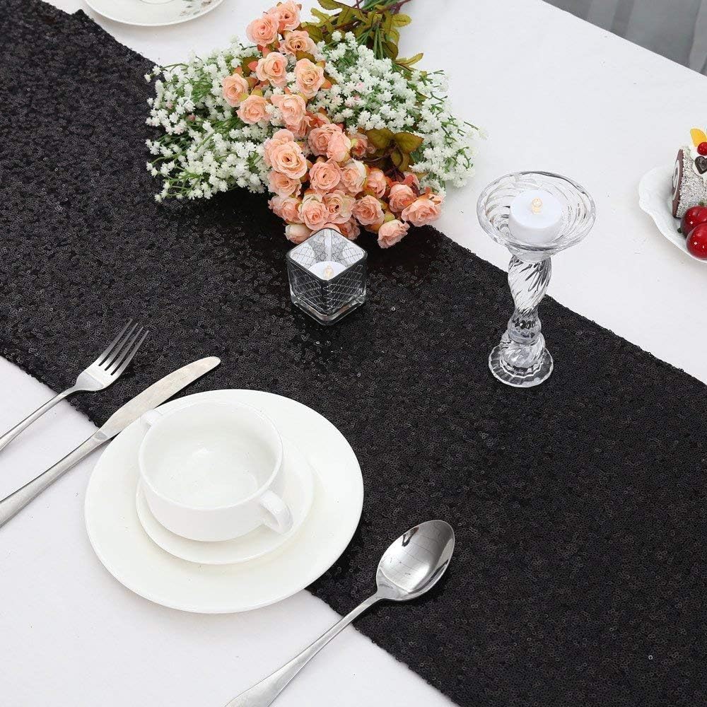 Sequin Table Runners 2 Pieces Black Table Runners 12x72Inch Glitter Dining Table Cover for Party Wedding Birthday Reception Banquet Decoration Halloween Party Chair Sashes