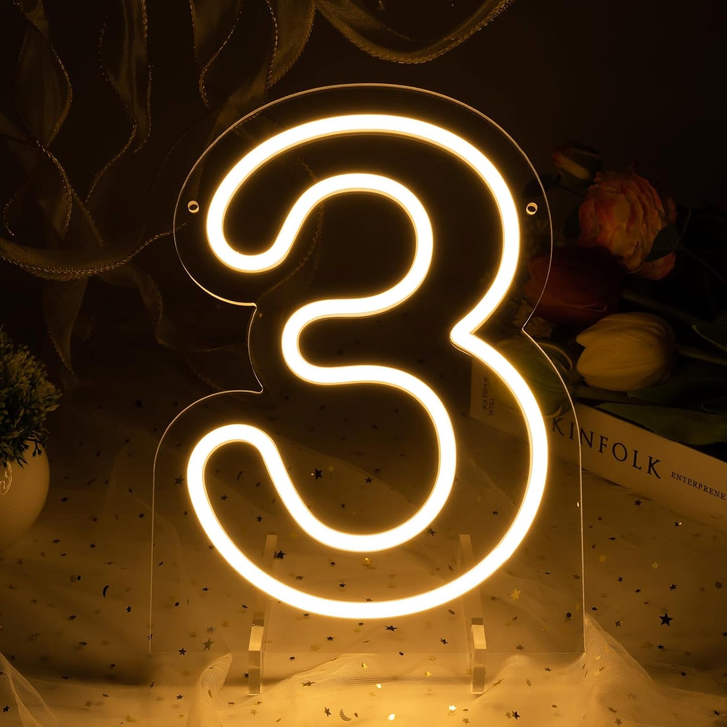 Number 3 LED Neon Sign Backdrop Birthday Party Decoration, 11.3" Height Warm White Marquee Numbers Three Light Up Sign for Wedding Anniversary Window Wall Table, Indoor Battery Operated or USB