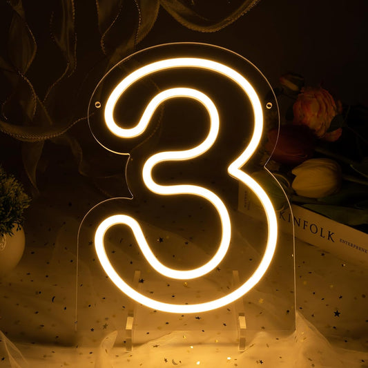 Number 3 LED Neon Sign Backdrop Birthday Party Decoration, 11.3" Height Warm White Marquee Numbers Three Light Up Sign for Wedding Anniversary Window Wall Table, Indoor Battery Operated or USB