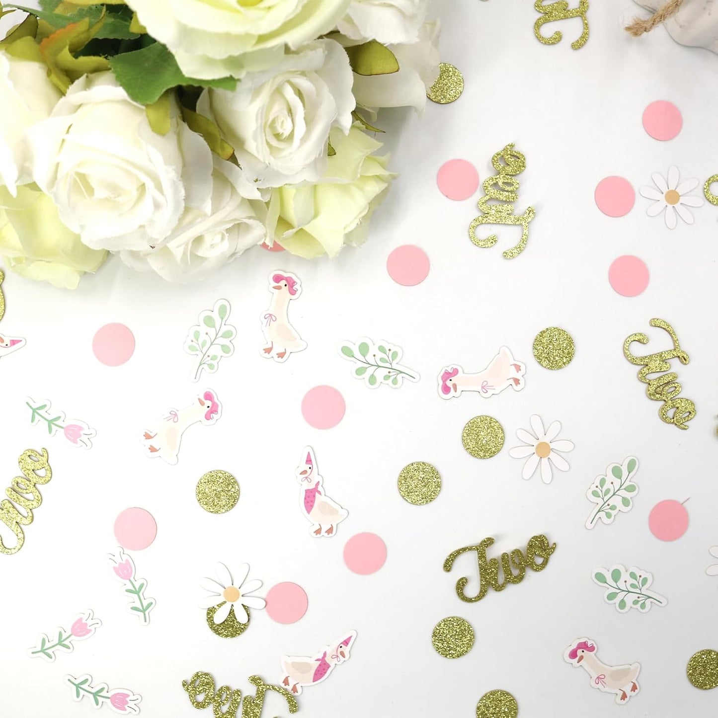 220PCS Two Silly Goose Birthday Decorations for Girl, Goose Dot Leaves Flower 2nd Birthday Confetti for Pink and Gold 2 Year Old Bday Decor