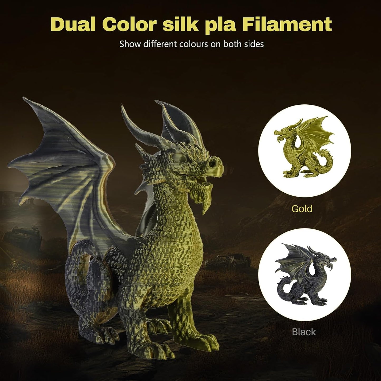 Silk PLA Filament 1.75mm Black Gold Dual Color PLA 3D Printer Filament 2 in 1 Coextrusion 1KG Spool(2.2lbs) 3D Printing Filament Dimensional Accuracy +/- 0.03mm Fits for Most FDM 3D Printers