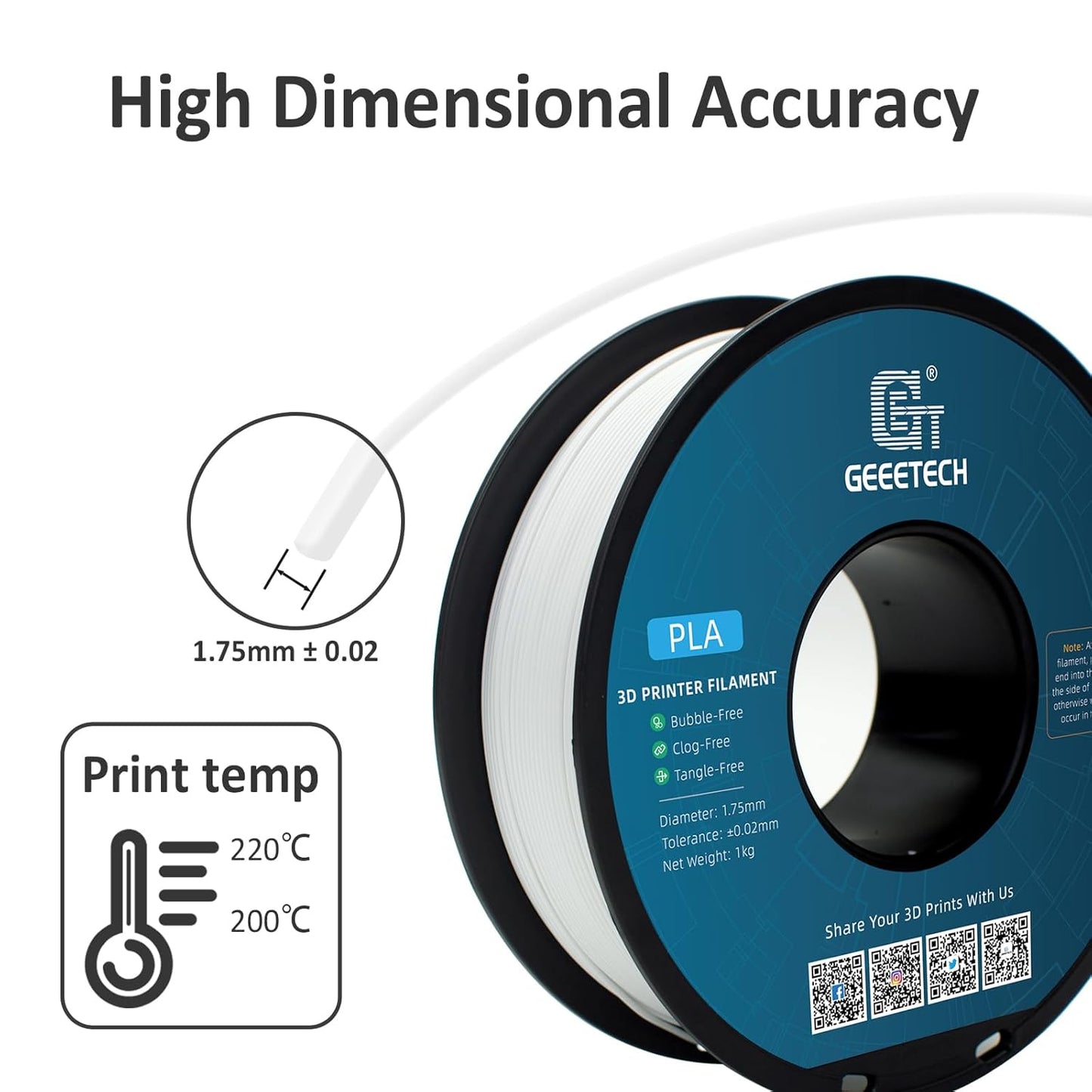 Geeetech 1.75mm PLA 3D Printer Filament, 1kg Spool (2.2lbs), Upgrade Tidy Winding Tangle-Free, Dimensional Accuracy +/- 0.02 mm, White