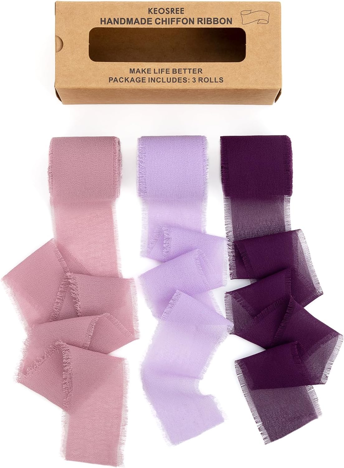 Purple Lavender Dusty Rose Handmade Chiffon Ribbon,1.5" x 21Yd Frayed Silk Ribbons for Wreaths Bridal Flower Bouquet Christmas Gift Wrapping Wedding Decor Invitations Decorations