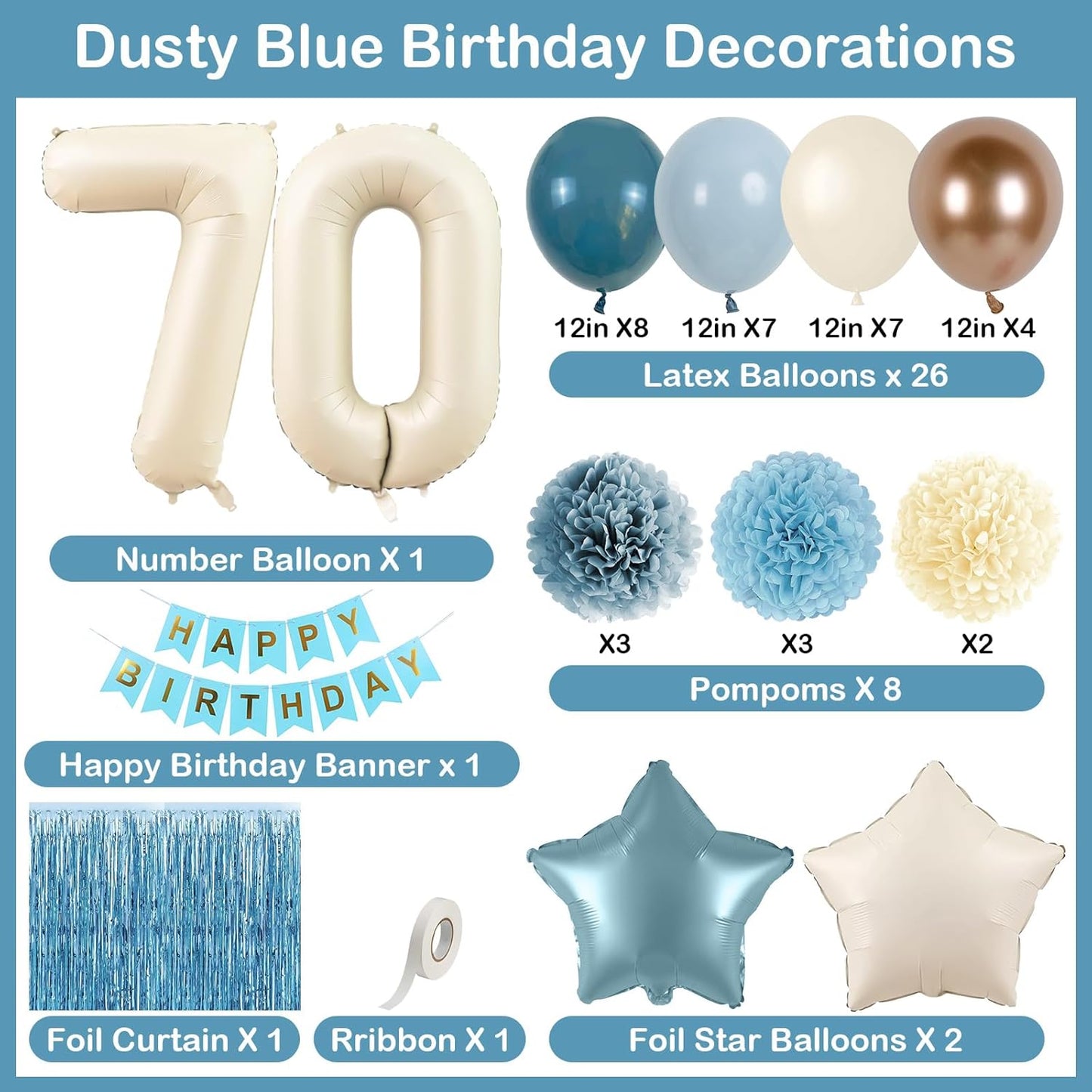 Dusty Blue 70th Birthday Party Decorations for Women Men Beige Cream Number 70 Balloon with Blue Gold Happy Birthday Banner Fringe Curtain Paper Pom Poms Nude White Sand Champagne Star Foil Balloons