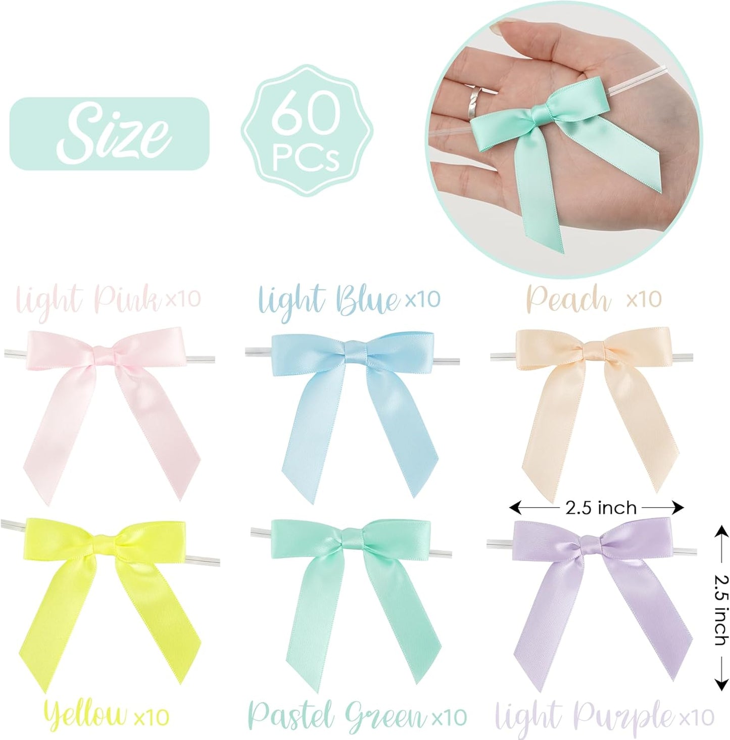 AIMUDI Pastel Bows 2.5" Satin Twist Tie Bows for Gift Wrapping Premade Satin Bow for Making Crafts Treat Bag Baby Shower Birthday Party Wedding Easter Decoration, 60 PCs