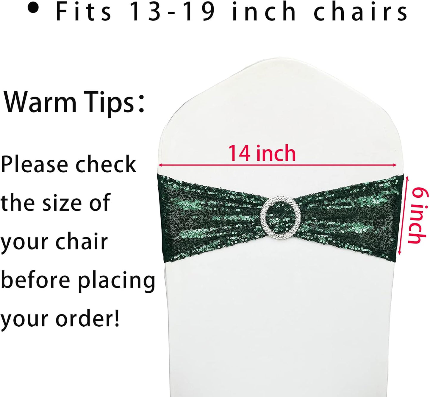 Chair Sashes Sequin Stretch Chair Bands Dark Green Spandex Polyester Bows for Party Hotel Wedding Banquets Decoration - 6 Pcs Hunter Emerald Green