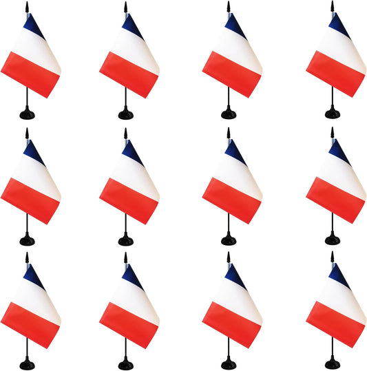France Desk Flag, 12 Pack French Table Office Flag with Black Solid Pole and Stand Base, International Country Flag, Festival Celebration, Classroom Meeting Desktop Decor (France)
