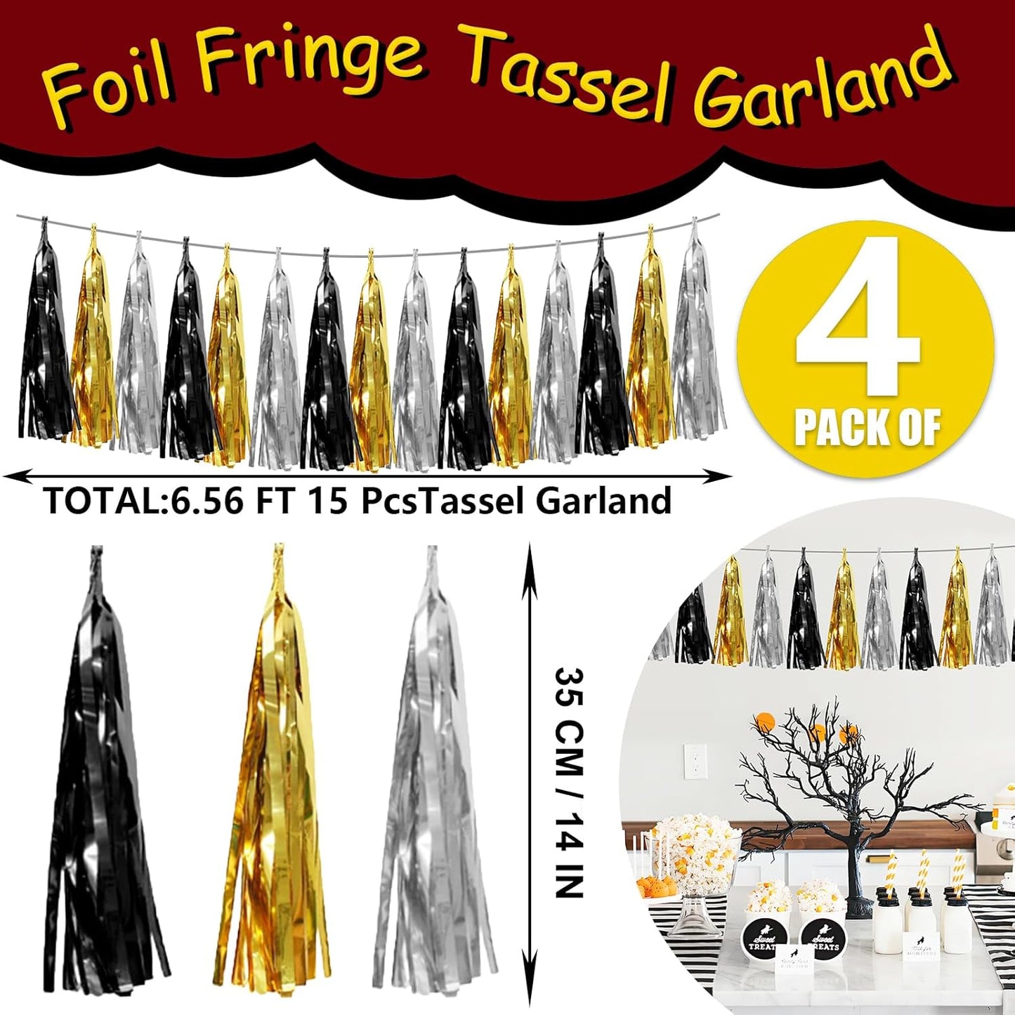4P Black Gold Silver Foil Fringe Tassel Garland Banner Metallic Tinsel Streamers Wall Hanging Curtain Backdrop Banner for Parade Floats, 2025 Graduation Decorations,New Years Decorations, Father' Day