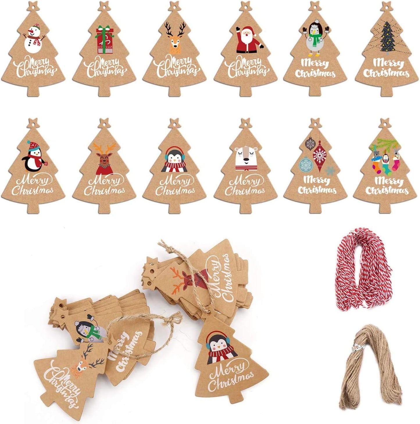 LOKIPA 120 Pieces Christmas Kraft Paper Gift Tags, Xmas Tree Present Hang Labels with 230 Feet Jute Twine Baker Twine for DIY Art Crafts