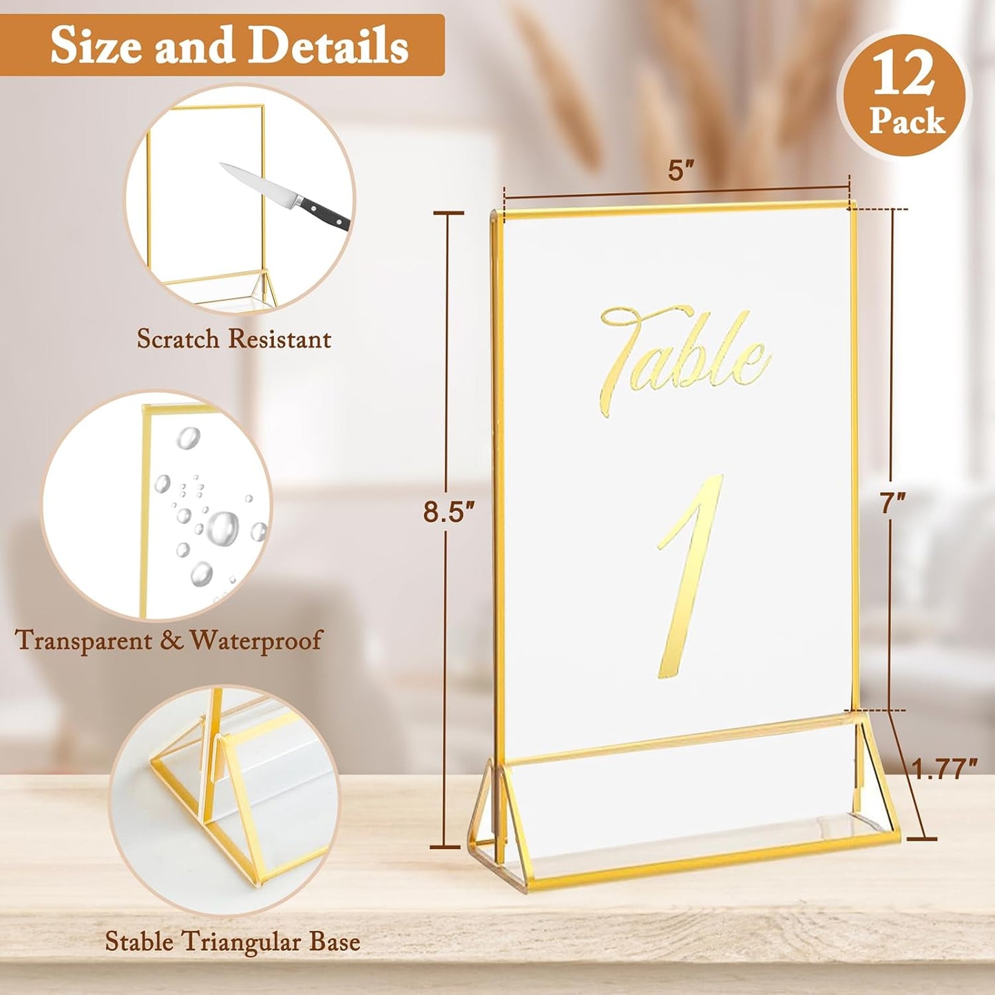 Floroom 12 Pack 5x7 Inch Clear Acrylic Sign Holders, Double-Sided Gold Display Stand Picture Frames for Table Numbers, Menus, Flyers, Weddings, and Offices