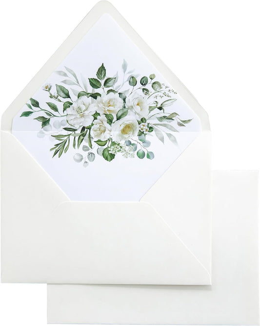 PONATIA 50PCS A7 Euro Flap Ivory Envelope, 5.25 x 7.25'' Flowers Liner Envelopes for Wedding Invitations, Photos, Postcards, Greeting Cards, Christmas Gift Cards, Acrylic Mailing, 5x7 Envelopes
