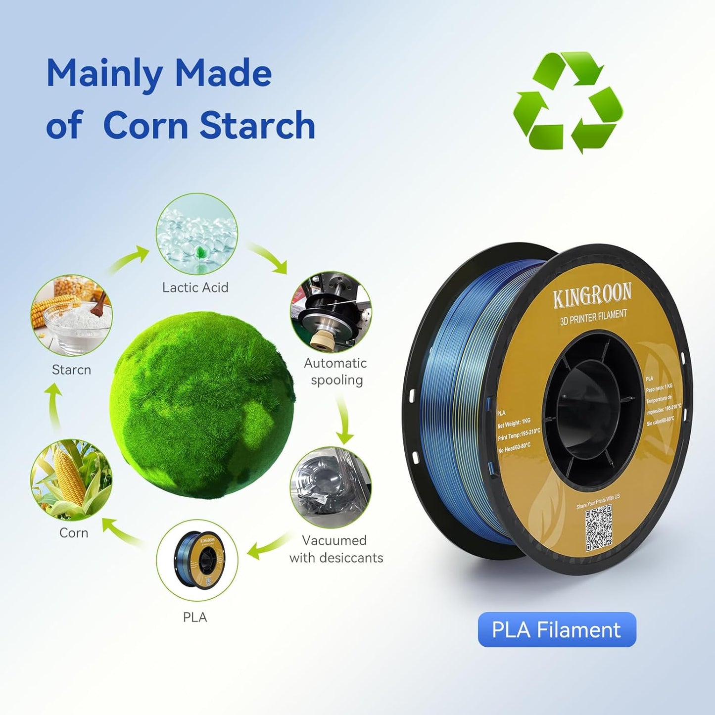 Kingroon 16KG PLA Filament Bundle+Triple Color Silk PLA Filament Bulk 3D Printer Filament 1.75MM,for Most FDM 3D Printer，1KG X 16 Spools