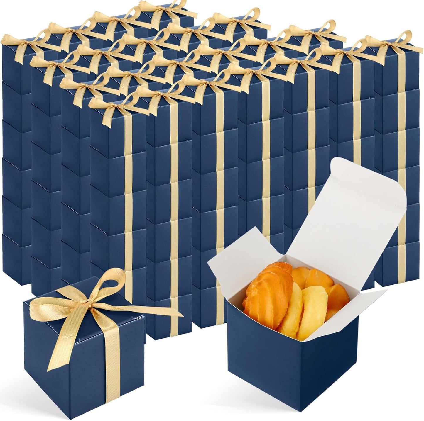 Jutom 100 Pcs Mini Favor Boxes Extra Small Candy Boxes Paper with Gold Ribbon for Christmas Thanksgiving Day Birthday Wedding Anniversary Supplies(2 x 2 x 2 Inch,Navy Blue)