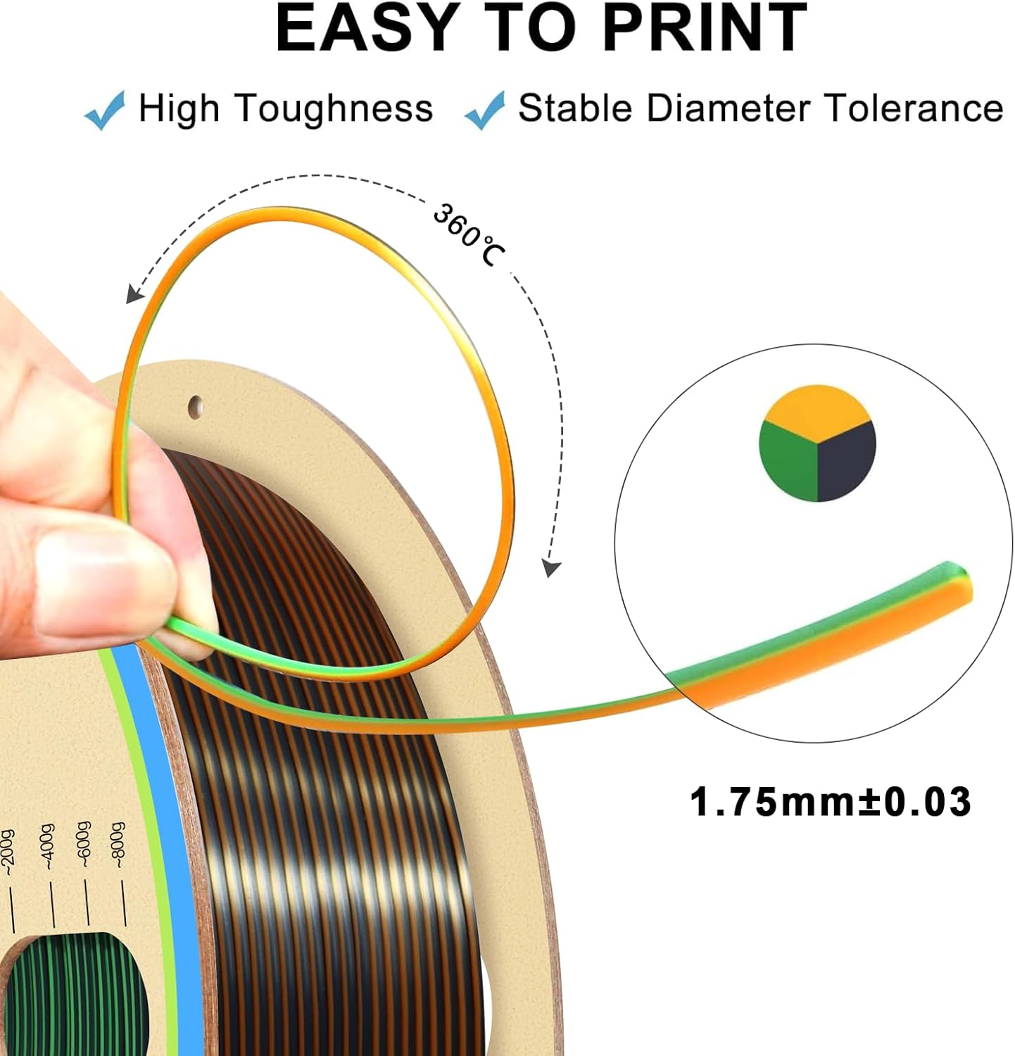 YOUSU Silk PLA 3D Printer Filament, Tri-Color Coextrusion PLA Filament 1.75mm,Shiny Silk Coextruded PLA,Silk Gold-Green-Black Three-Color Filament,1kg/2.2lbs