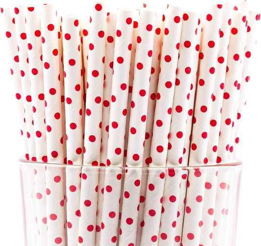 Pack of 300 Red Polka Dot Biodegradable 4-Ply Paper Drinking Straws (Compostable, Non-toxic, BPA-free)
