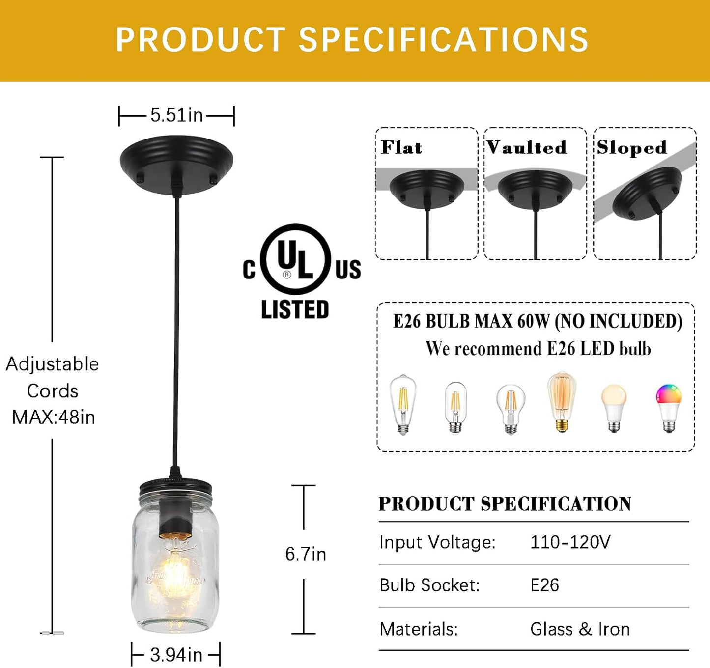 Black Pendant Lights, 2 Pack Clear Glass Pendant Lights Kitchen Island, Farmhouse Mason Jar Pendant Lighting, Mini Hanging Lights for Kitchen Sink Dining Room Bedroom Hallway
