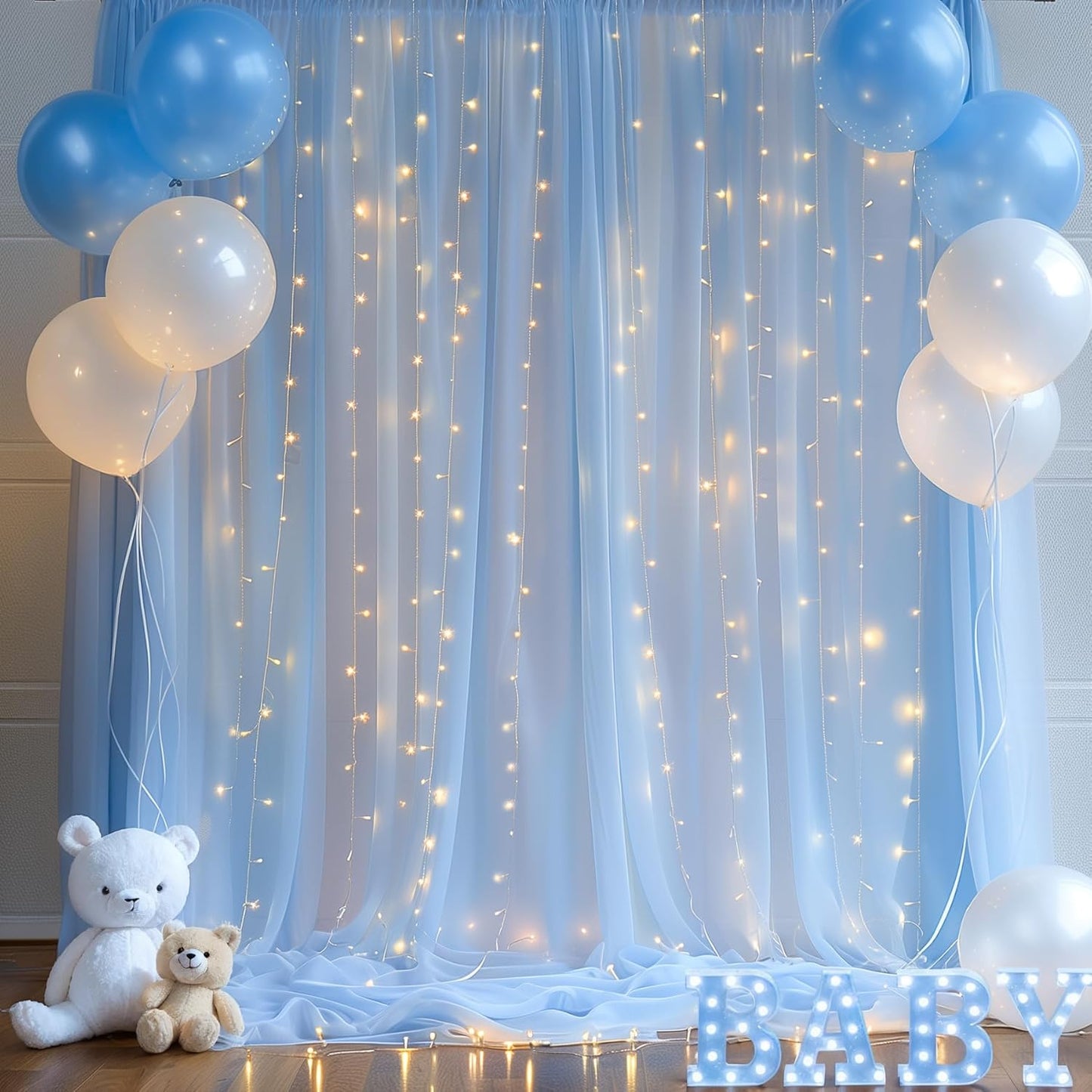 10×10ft Blue Tulle Backdrop Curtain with Lights String for Parties, Sheer Photo Curtain Backdrop Drapes for Wedding Party Photography Backgrounds