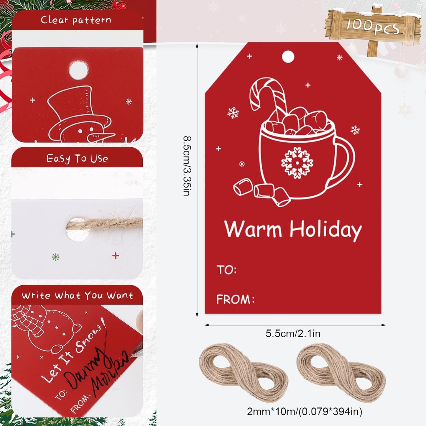 100PCS Christmas Gift Tags 10 Styles Merry Christmas Gift Tags with String Modern Kraft Name Tag for Present Wrapping Xmas Holiday Festive Party Favors
