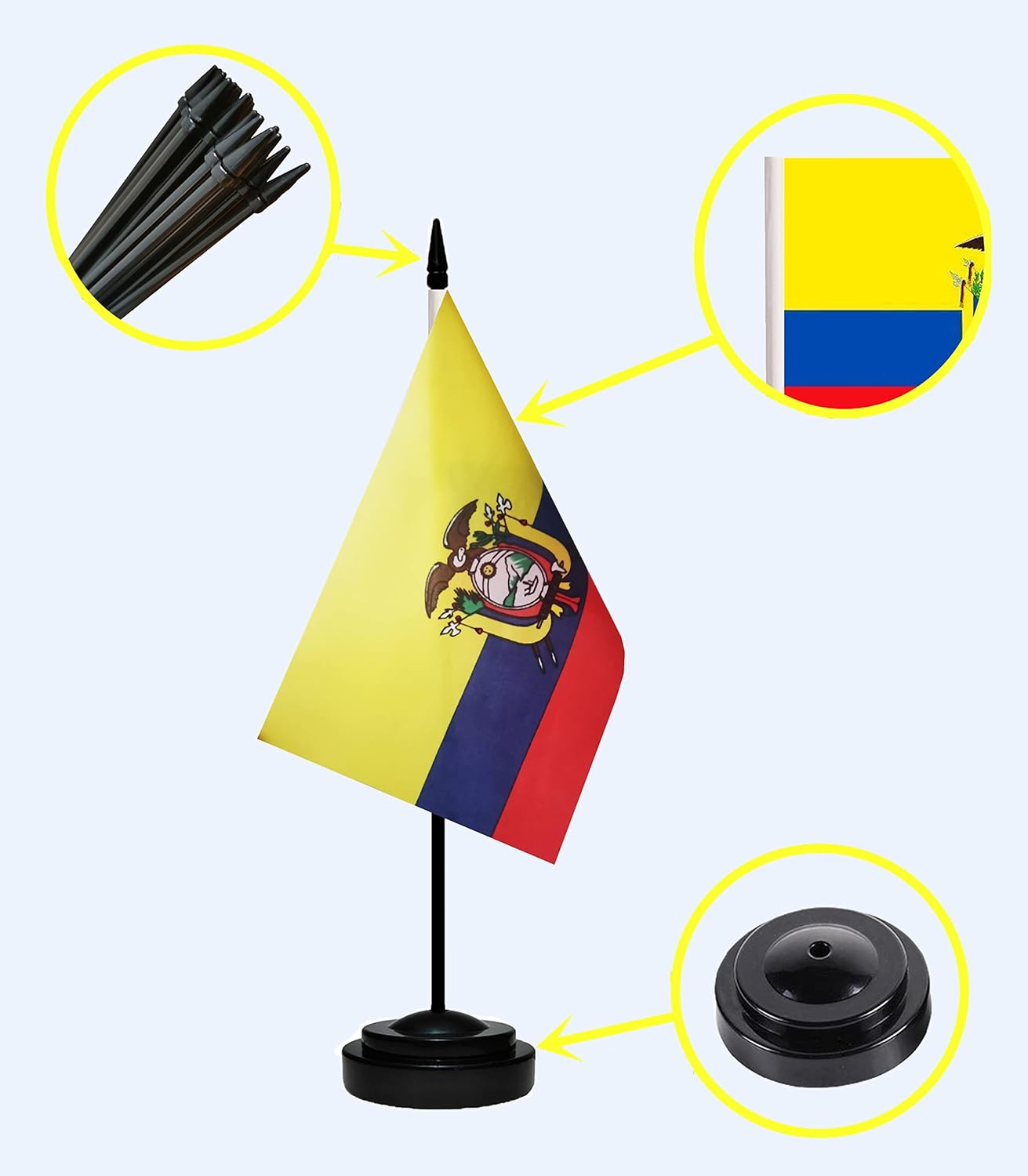 Ecuador Ecuadorian Deluxe Desk Flag Set Small Mini Miniature Ecuador Ecuadorian Table Desktop Flags With Solid Pole, Black Base and Spear Top(2 Pack)